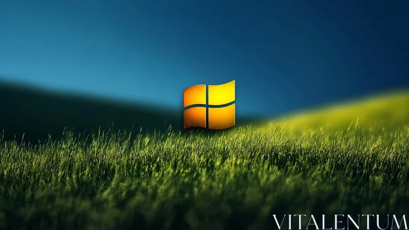 Golden window logo glows softly over a calm green field