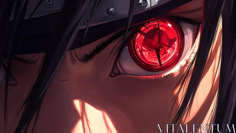 Crimson anime eye glowing with hidden power and resolve.
