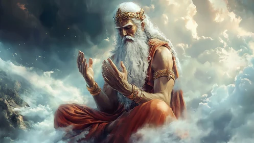 Elderly robed figure with crown sits in clouds, hands raised