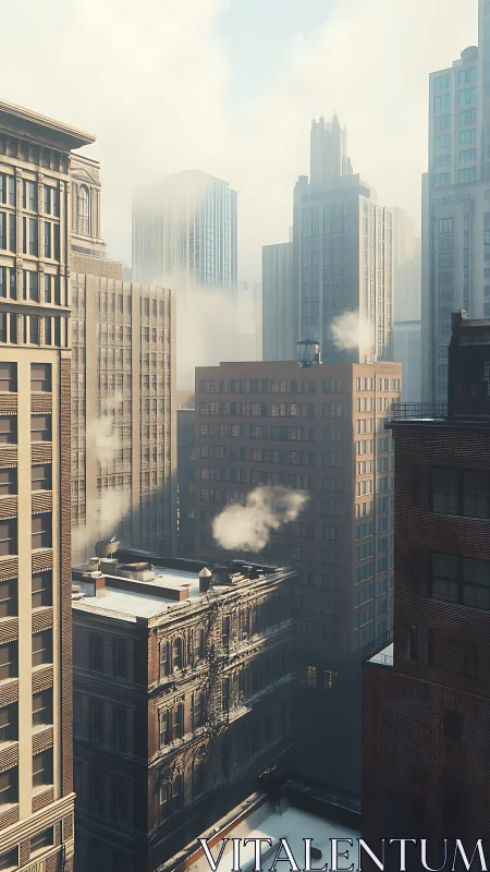 Morning steam drifts between winter towers in a quiet city