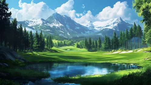 Sunny mountain golf course wrapped in peaceful pine forest.