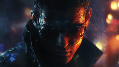 Neon soaked loner stands strong in a rain lit city night