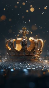 Golden jeweled crown on glittering dark background.