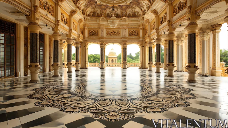 Grand marble hall with gilded colonnades and mandala floor.