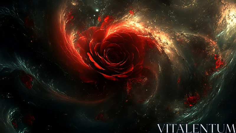 Celestial crimson rose spirals through a glowing cosmic storm.