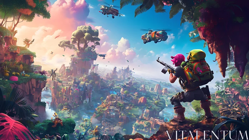 Colorful cartoon battle scene over lush floating islands.