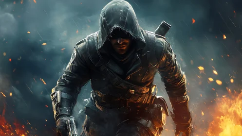 Tactical hooded operative advancing through incendiary crossfire.