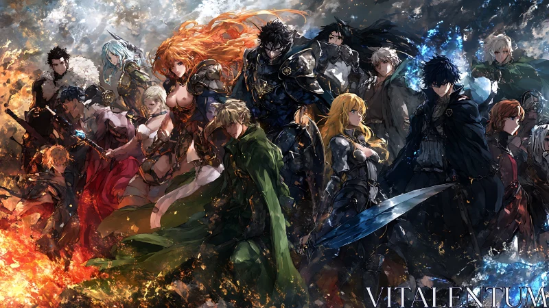 Epic fantasy warriors stand united amid fire and ice clash