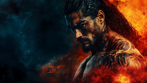 Tattooed male portrait with fire and smoke contrast.