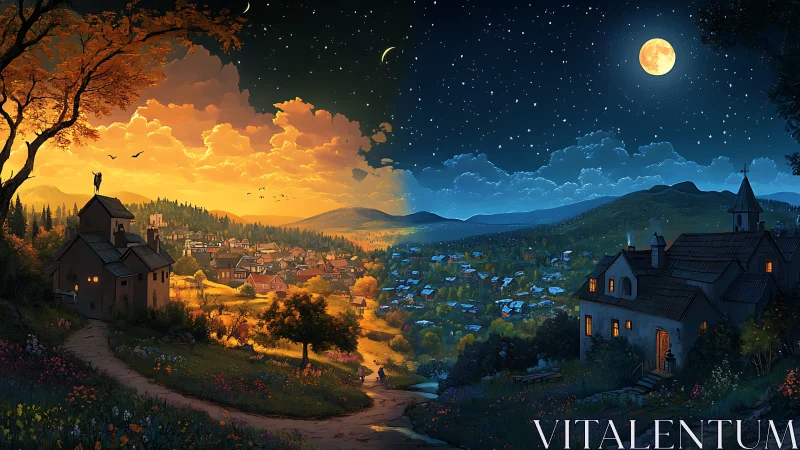 Divided valley town shifts from golden sunset into night
