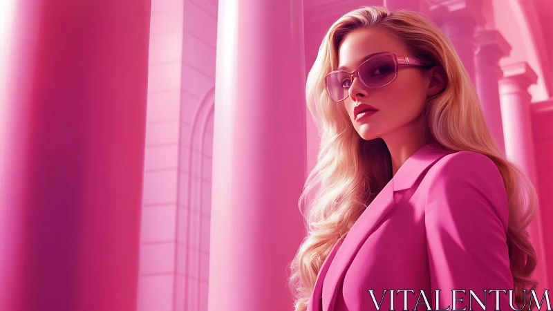 Monochrome magenta fashion portrait in neoclassical colonnade