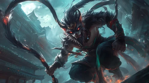 Demonic simian warrior lunges forward in neon storm