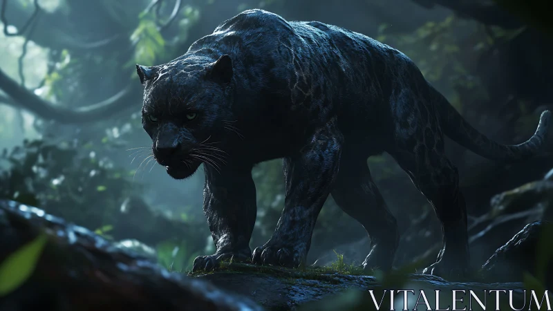 Black Panther in Jungle Setting with Atmospheric Lighting.