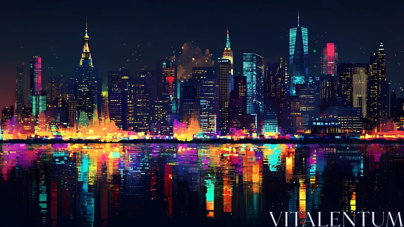Neon city skyline with vivid reflections over dark water.