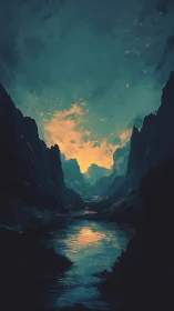 Nocturnal canyon river under luminous atmospheric aperture.