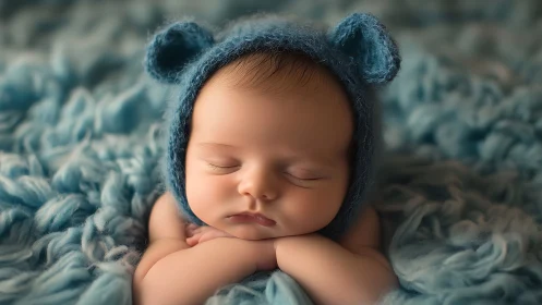 Sleeping Newborn in Bear-Eared Bonnet with Soft Textile Styling