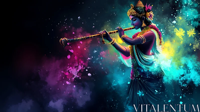 Cosmic flute-weaver paints midnight clouds with color