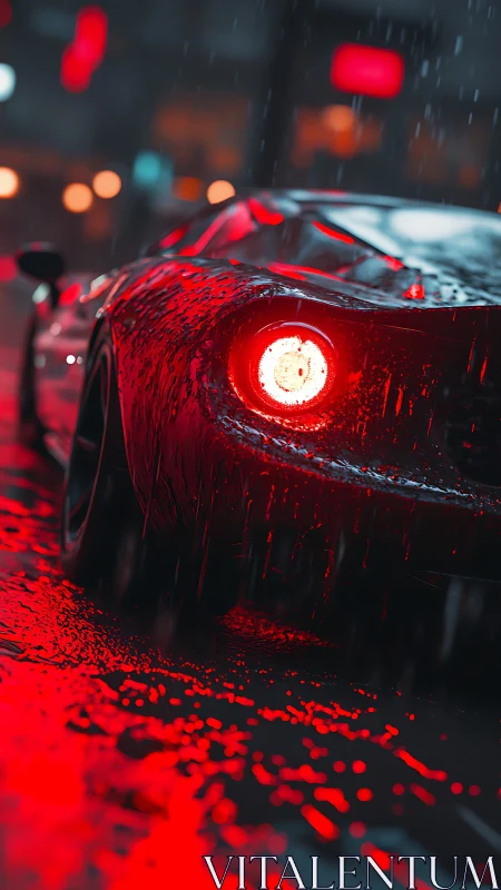 Red sports car tail-light ignites wet neon city street.