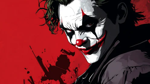 Blood-red grin and painted menace in stark graphic chaos.