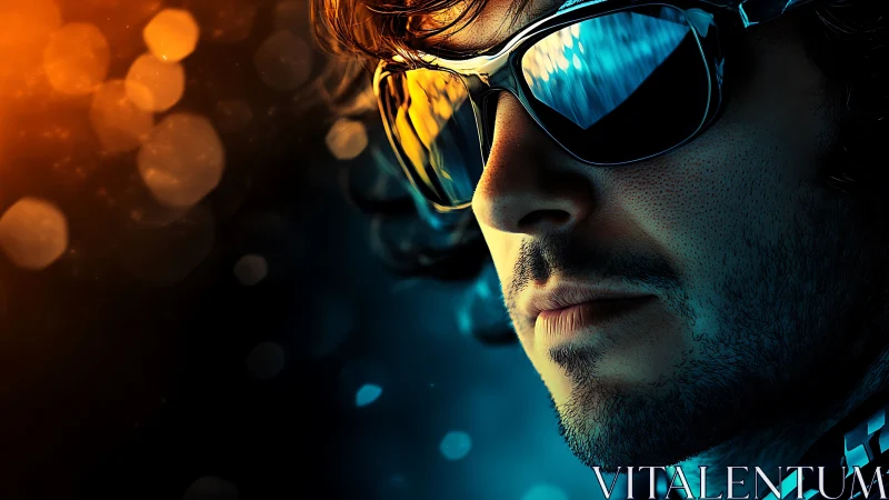 Cool reflections glow around a confident man in sunglasses