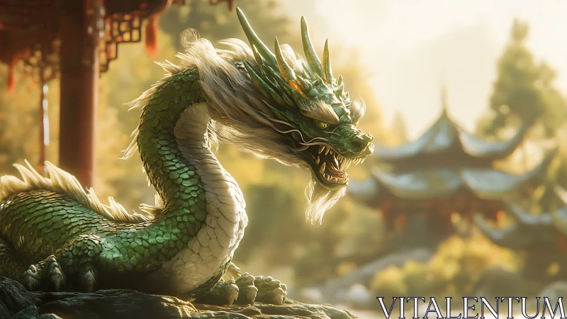 3D Eastern dragon study in luminous temple landscape composition.