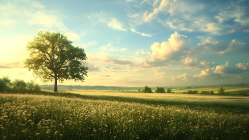 Lone tree over flowering meadow under golden evening sky.
