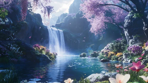 High-fidelity 3D waterfall grove with volumetric light and floral bloom