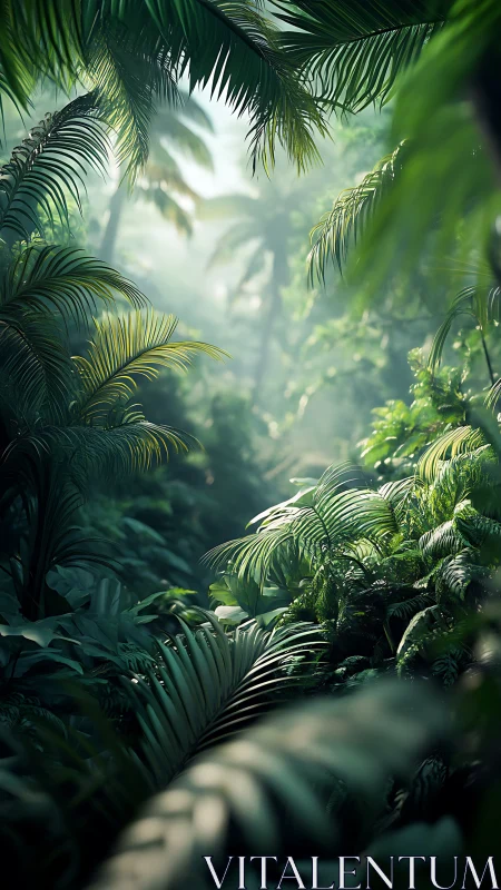 Sunlit Jungle Canopy with Palm Fronds and Misty Atmosphere