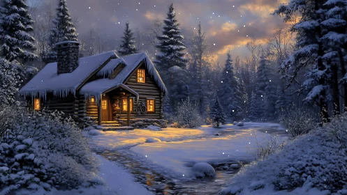 Winter cabin glows warmly while twilight snow drifts softly