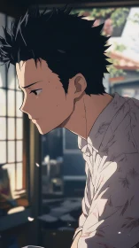 Summer light leans on a quiet boy lost in drifting thoughts