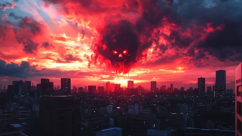 Demonic storm skull looms over a neon dusk city skyline