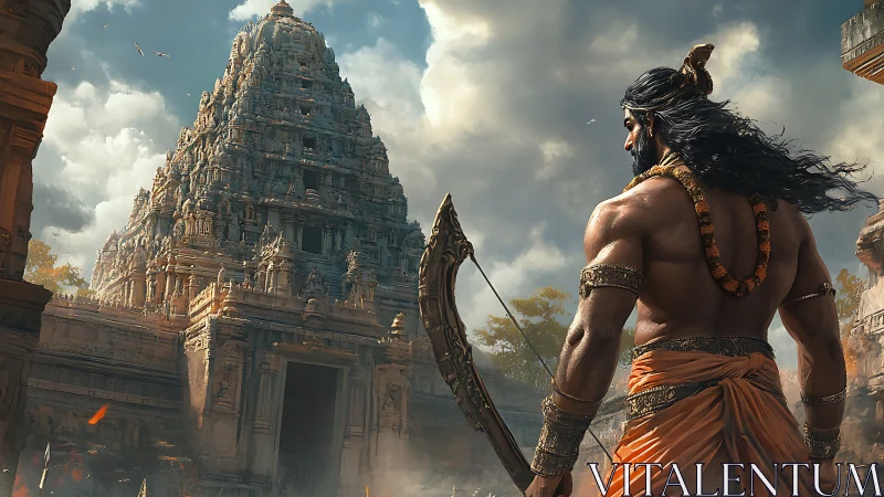 Heroic archer before ornate temple under storm-lit skies.