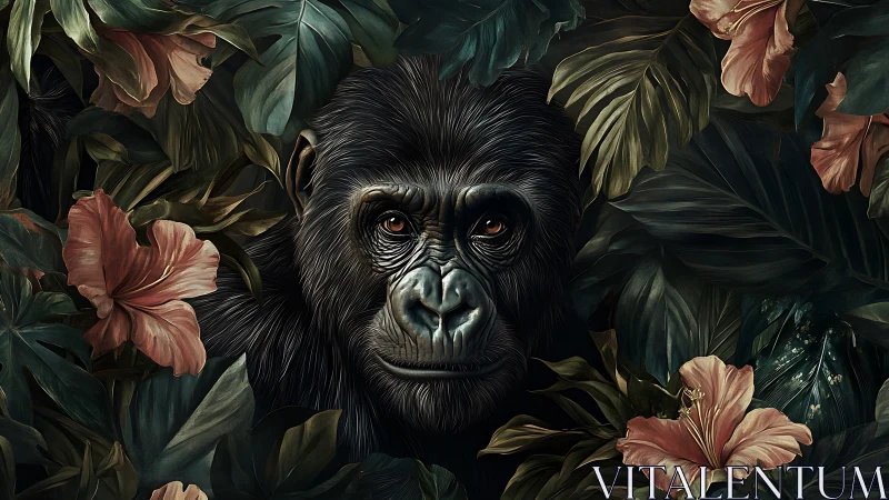 Gorilla portrait framed by lush tropical foliage and florals.