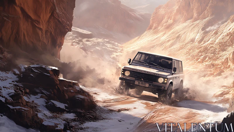 Off-road SUV powers through dusty snow-lined canyon in dynamic drift