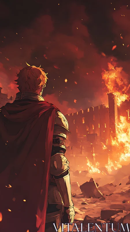 Armored warrior observing a burning ruined cityscape.