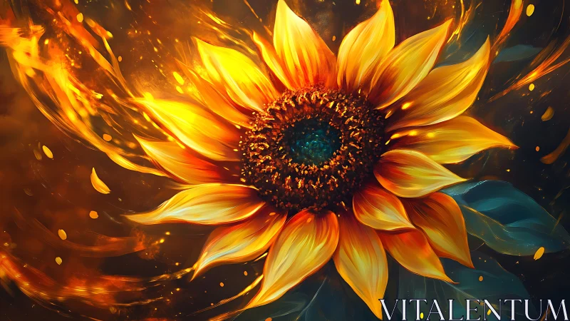 Glowing sunflower blooms with swirling golden firelight warmth.