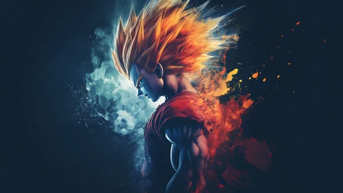 Saiyan warrior ignites with split fire and ice aura.