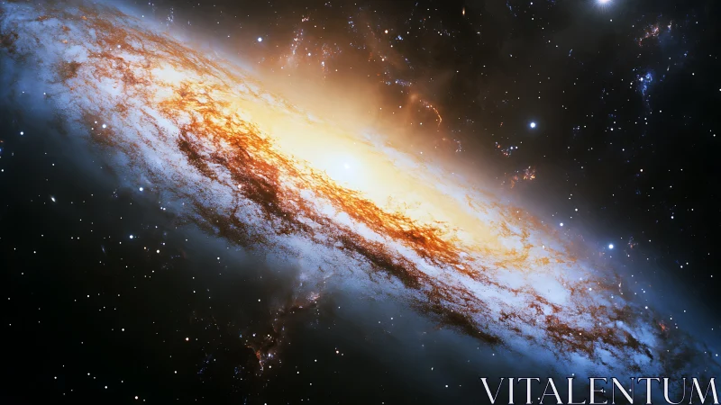 Spiral galaxy edge-on view with bright central bulge in space.