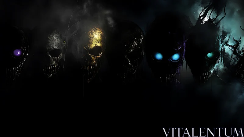 Row of decayed skull-like faces in dark atmospheric void.