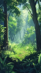 Luminous Forest Pathway Through Ancient Canopy