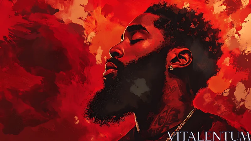 Calm portrait of a man in vivid red clouds of emotion