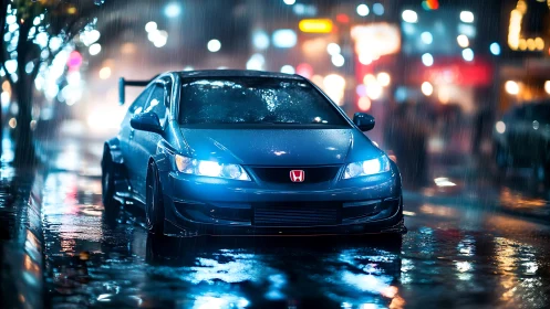 Midnight street racer idles under neon-soaked city rain.
