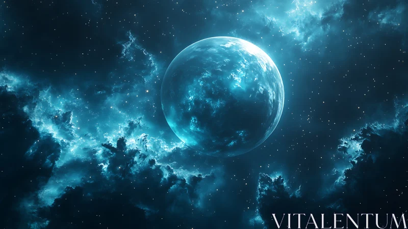 Distant blue planet within luminous nebula field in space.