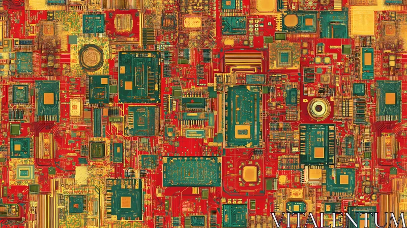 Dense abstract circuit board pattern in warm colors.
