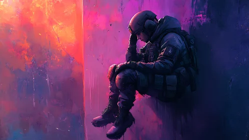 Armored soldier sits in neon corridor, lost in reflection