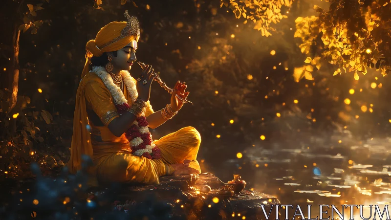 Divine flute player in golden-hour forest by riverbank.