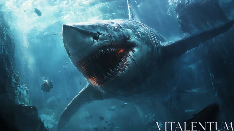 Colossal shark with luminescent jaw in deep blue seascape.