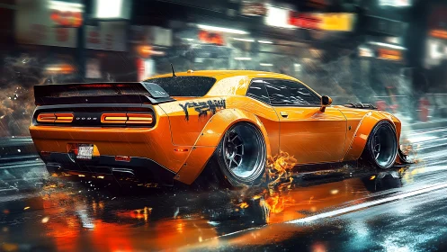Orange muscle car on wet city street with motion and sparks.