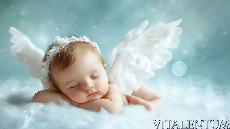 Sleeping infant with white wings on soft cloud background.