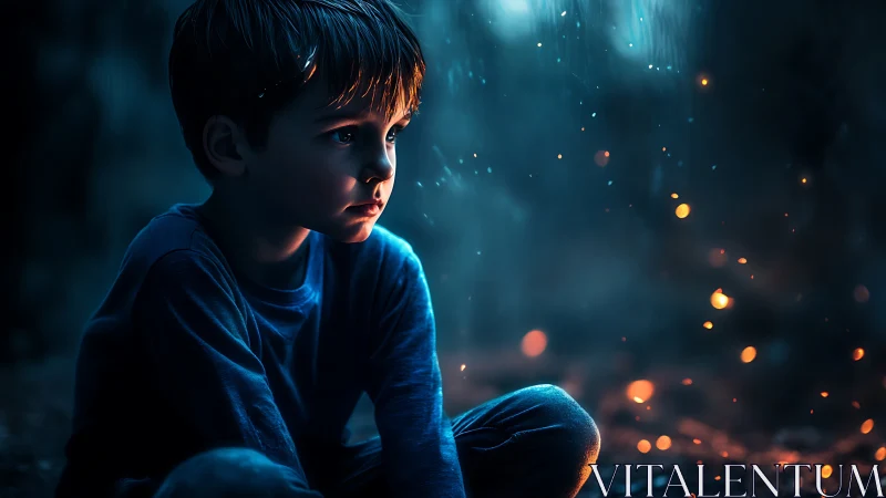 Pensive child sits in glowing blue dusk with drifting embers.